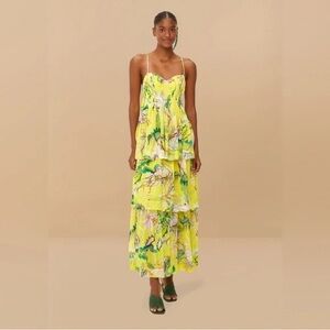 FARM Rio Neon Yellow Floral Tiered Maxi Dress
